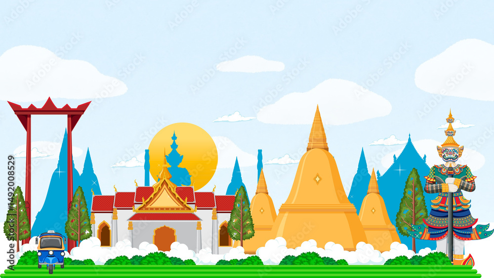 Fototapeta premium Illustration of bangkok landmarks including a tuk tuk and a giant statue against a blue sky backdrop