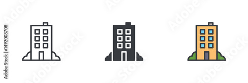 Hotel building different style icon set