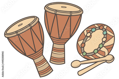 24 bongo drums, tambourine, maracas, wooden percussion instruments, musical instruments