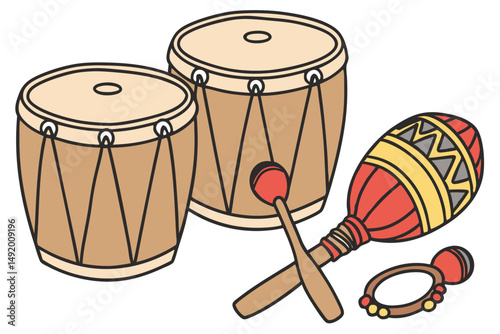24 bongo drums, tambourine, maracas, wooden percussion instruments, musical instruments