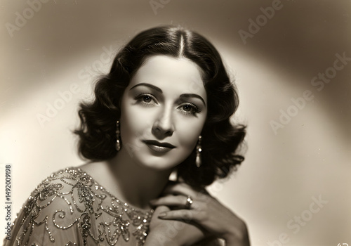 Vintage Hollywood Glamour Portrait of a Graceful Woman Elegant Dress, Curly Hair, and Pearl Earrings.