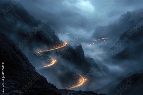 Serpentine mountain road at night with light trails