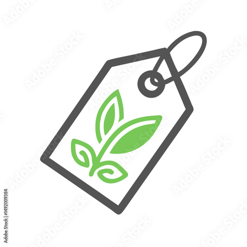 Green product tag icon with leaf for eco-friendly merchandise, sustainable branding, organic product labeling and environmental certification graphics