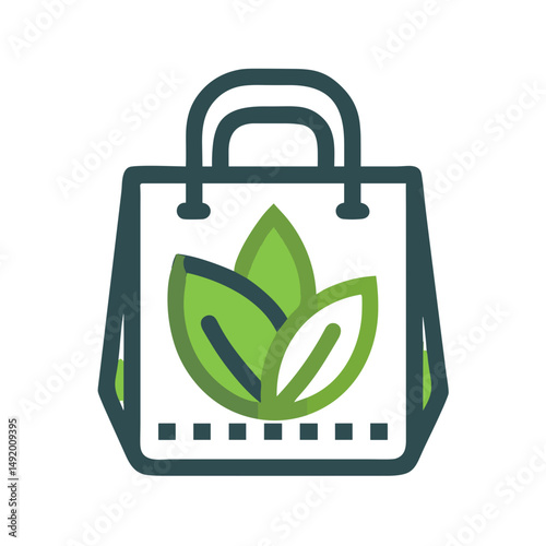 Green shopping bag icon with plant motif for sustainable retail promotions, zero waste initiatives, environmental blogs and plastic-free campaign materials