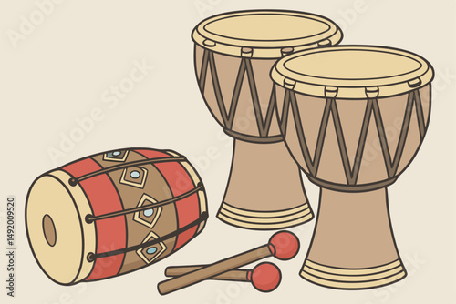 24 bongo drums, tambourine, maracas, wooden percussion instruments, musical instruments