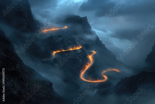 Mountain road at night with light trails and fog