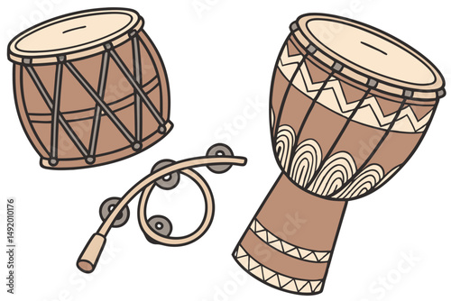 24 bongo drums, tambourine, maracas, wooden percussion instruments, musical instruments