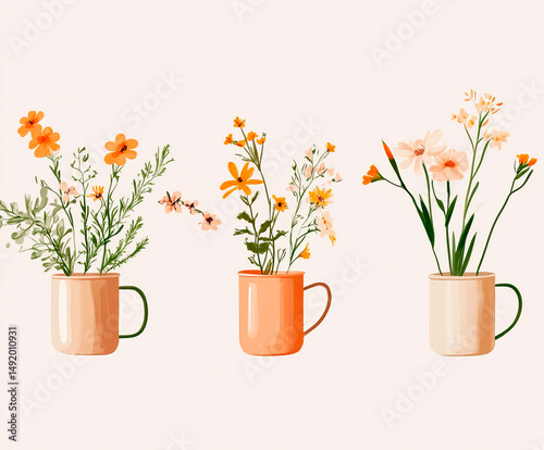 A delicate botanical illustration of three mugs filled with wildflowers in warm earthy tones, creating a vintage-inspired and minimalist aesthetic with soft natural elegance.