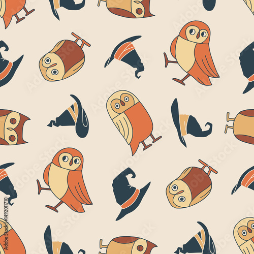 Vector Seamless Pattern of Owl Wizard Hat Background for Fashion Wrapping Print Fabric Surface
