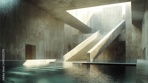 Modern concrete architectural space with a pool