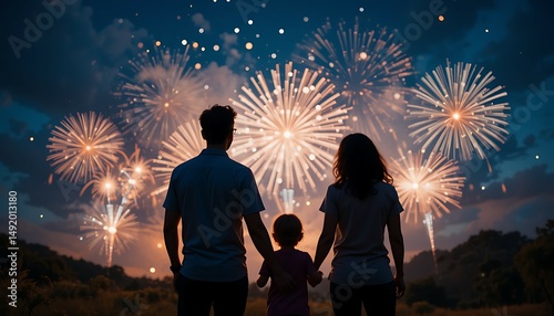 Multicultural Family Watching Fireworks on 4th of July