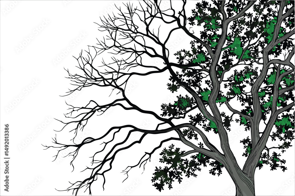 25 photo of a tree with leafless branches on one side and lush green leaves on the other side, photo manipulation, highly detailed, realistic, 4k