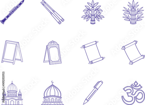This line drawing features several cultural and commercial symbols on a transparent background