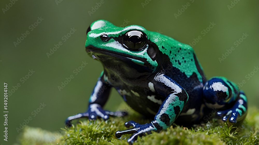 Fototapeta premium Vicenti's Poison Frog closeup with green background 