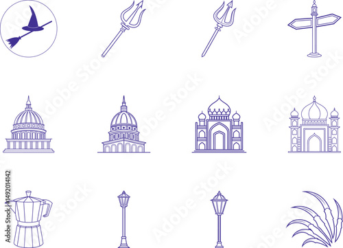 Blue line collection features a witch, trident, buildings, coffee pot, and claws on white