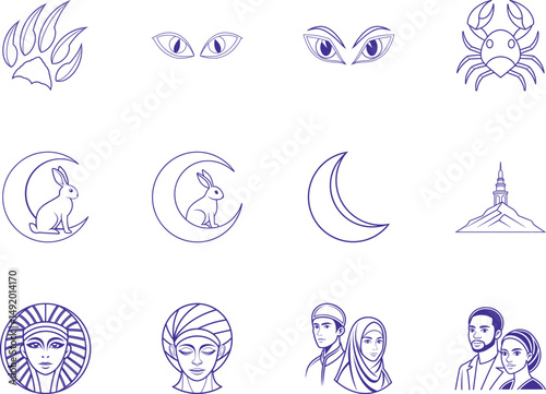 Twelve minimalist cobalt emblems include animals, Middle Eastern imagery, and a tower, isolated on white