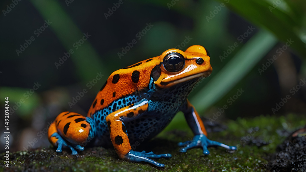 Fototapeta premium Vicenti's Poison Frog closeup with green background 