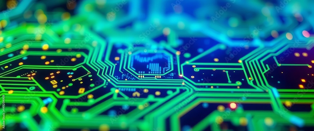 Fototapeta premium Abstract glowing blue and green circuit board texture, futuristic tech background, motherboard, illustration
