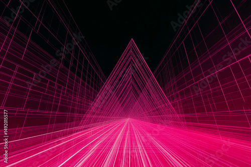 A futuristic digital artwork in which neon pink wireframe structures form a geometric tunnel with a triangular dot.
