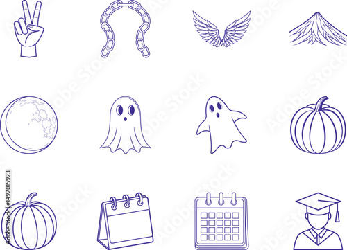 Twelve cartoon outlines of diverse objects are organized symmetrically on the white backdrop, appearing transparent