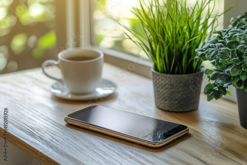 Charging the smartphone with wireless charger on wooden desk. Modern lifestyle concept