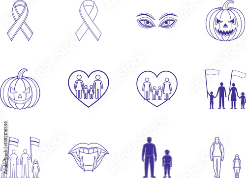 Various linear blue outline images depict pumpkins, ribbons, families, eyes, and vampire lips isolated
