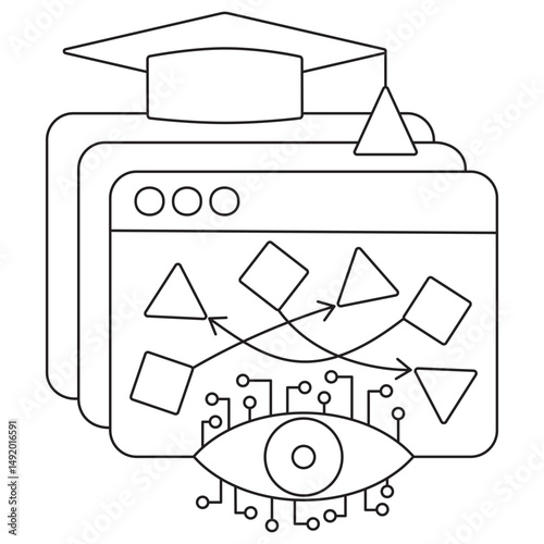 Icon of AI supervised learning with layered screens showing shapes and an eye with circuitry. Vector clipart with thin black lines on a transparent background, editable line thickness
