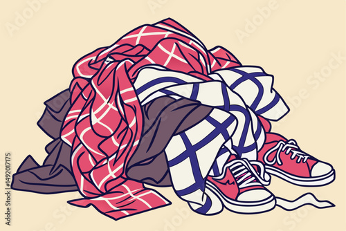 28 crumpled clothing, mixed fabrics, abstract textures, bold patterns, vibrant colors, disorganized piles, chaotic arrangement, dynamic composition, intriguing visual interest, high contrast, visually