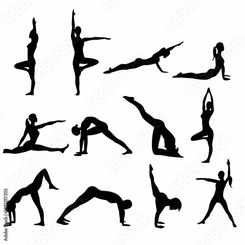 Vector silhouettes of a woman and people in yoga poses showcase fitness and sport