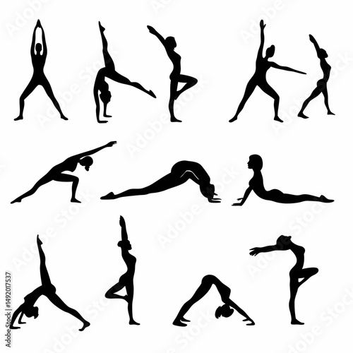 Silhouettes of yoga poses feature vector figures of women in sport, dance, and fitness