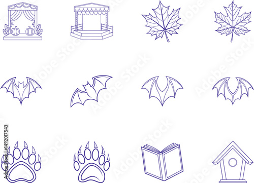Outlined images displaying seasonal symbols, animals, nature, and knowledge on a transparent backdrop