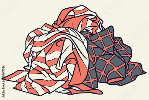 28 crumpled clothing, mixed fabrics, abstract textures, bold patterns, vibrant colors, disorganized piles, chaotic arrangement, dynamic composition, intriguing visual interest, high contrast, visually