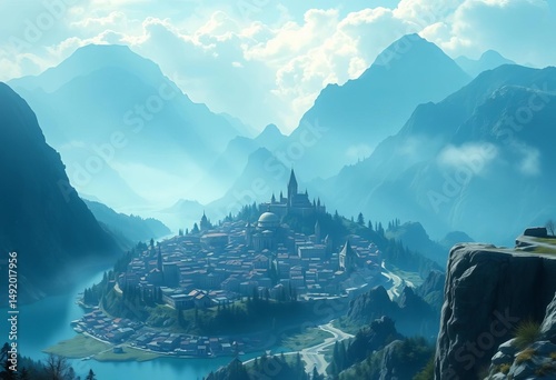 A serene, blue-hued digital painting of a Skyrim-esque city, nestled in a mountainous landscape,  cold,  whimsical