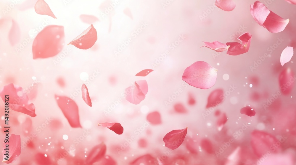 Delicate pink rose petals falling gently in soft focus with bokeh background for romantic or wedding themes Delicate pink rose petals falling gently in soft focus with bokeh background for romantic or wedding themes
