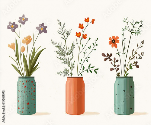 A charming botanical illustration of three rustic vases filled with wild flowers, done in soft pastel colors and featuring delicate floral arrangements.