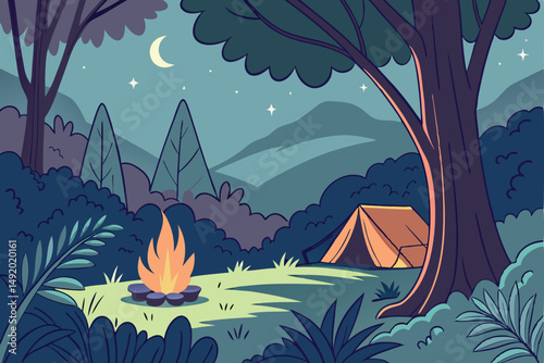 29 vibrant campfire under starry night sky, lush foliage and trees surrounding cozy gathering, warm illumination reflecting off happy faces, adventure and wilderness atmosphere, detailed landscape, ci