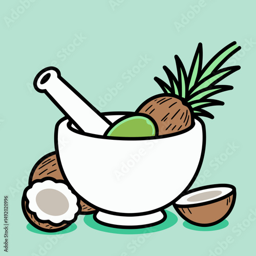 Whimsical Illustration Shows Coconuts And Pineapple In Mortar Bright Colors And Bold Outlines