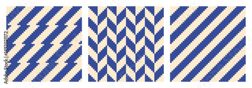 Set of abstract seamless simple pixel patterns in the form of zigzag, herringbone and diagonal stripes in blue on a light beige background, flat style
