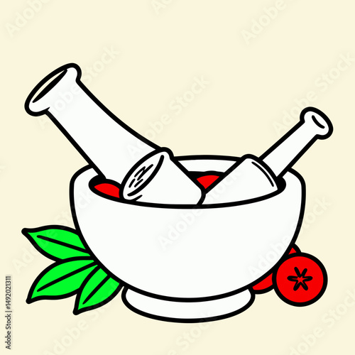 A Mortar And Pestle With Fresh Herbs Berries And Spices On A Soft Cream Background Design