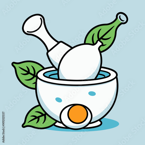 Illustrated Mortar And Pestle With Green Leaves Evoke Natural Remedies In A Cute Design