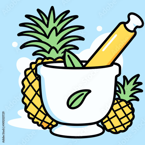 Whimsical Illustration Showcasing Pineapple And Herbs Being Prepared In A Mortar With Pestle