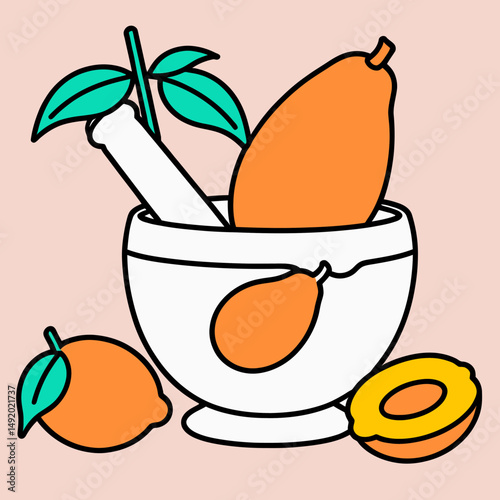 A Stylized Cartoon Illustration Of Orange Fruits With Leaves In A White Mortar Bowl Setup