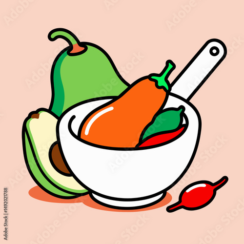 Vibrant Still Life Showcases Avocados And Peppers In A Bowl Using A Pop Art Aesthetic