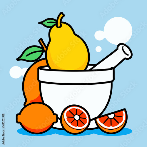Vibrant Cartoon Of Fruit In A Mortar And Pestle Showcasing Pear Orange Lemon And Grapefruit