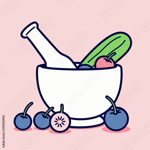 Vibrant Illustration Of A Mortar And Pestle Filled With Fruits And Vegetables For Freshness