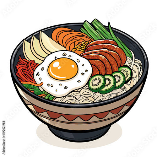 Create a bold, vector illustration of a vibrant bibimbap bowl, emphasizing textures and ingredients.  Include detailed stroke work for a striking visual.