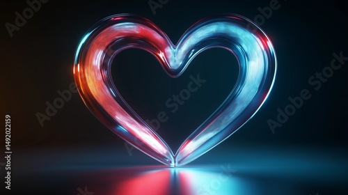A futuristic heart symbol created from two curved, gradient light trails shifting between vibrant blues and soft reds. 