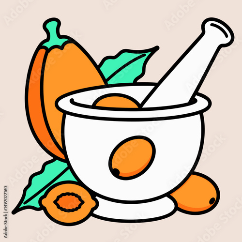 Whimsical Illustration Of Vibrant Fruits And Herbs Being Prepared With A Mortar And Pestle Set