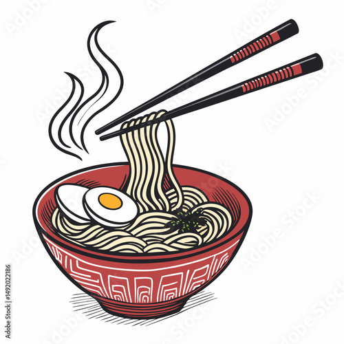 Create a bold vector illustration of a steaming bowl of ramen noodles, showcasing rich broth,  char siu pork, and spring onions.  Emphasis on thick, impactful lines.