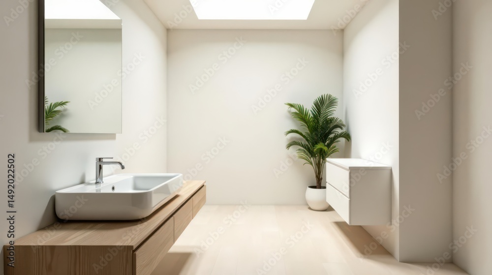 Fototapeta premium Serene Minimalist Bathroom Design Featuring a Sleek Vessel Sink and Light Wood Vanity
